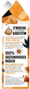 Alpro Barista Migdałowe, karton roślinnego napoju do kawy. Widok z przodu z napisem 'STWORZONE Z UDZIAŁEM BARISTÓW'.