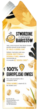 Karton napoju owsianego Alpro Barista, żółto-biały, z grafiką kawy i napisem '100% EUROPEJSKI OWEIS', do spieniania.