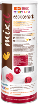 Tył opakowania Mixit LYO: liofilizowane maliny 140g, wegańskie, bez cukru. Widoczne ikony i wartości odżywcze.