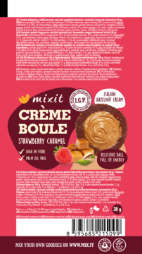 MIXIT Creme Boule ,ciastko daktylowe z liofilizowanymi owocami z kremem orzechowo-karmelowym, Strawberry Caramel,lewa