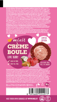 MIXIT Creme Boule ,ciastko daktylowe z liofilizowanymi owocami wypełnione migdałowym kremem,lewa