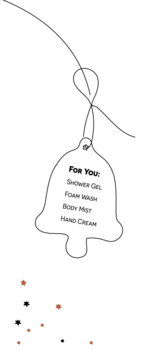 Biała, dzwonkowata zawieszka prezentowa z napisem 'For You:' i listą: Shower Gel, Foam Wash, Body Mist, Hand Cream. Widok z przodu.