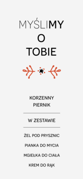 Biała grafika Ziaja Korzenny Piernik z napisem "Myślimy o Tobie", czerwoną ozdobą i listą kosmetyków.