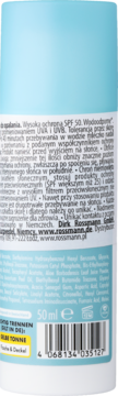 Tył butelki mleczka Sunozon Blue Lagoon SPF 50, niebiesko-białej, z polskimi informacjami i kodem kreskowym.