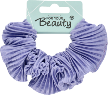 Fioletowa, szeroka gumka do włosów plisowana, z metką "FOR YOUR Beauty". Idealna do gęstych włosów.
