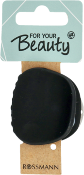 Matowa czarna klamra do włosów na hang tagu Rossmann, z napisem For Your Beauty. Widok z przodu.