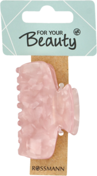 Różowa marmurkowa klamra do włosów na zielonej zawieszce For Your Beauty Rossmann, widok z przodu.