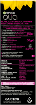 Tył czarnego opakowania farby Garnier Olia z instrukcjami, składem i danymi producenta. Widoczne 60g/54ml.