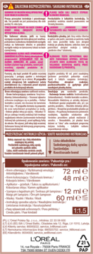Tył opakowania farby do włosów L'Oréal Paris Excellence Creme, z listą składników, objętościami i logo.
