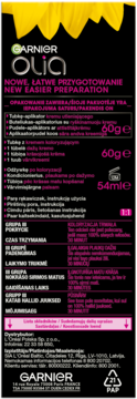 Tył opakowania farby do włosów Garnier Olia, widoczne informacje o zawartości i instrukcje użycia.