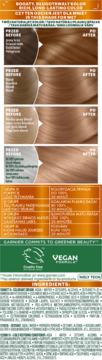 Karta produktu farby Garnier Color Naturals złocisty blond: efekty przed/po i pokrycie siwych włosów.