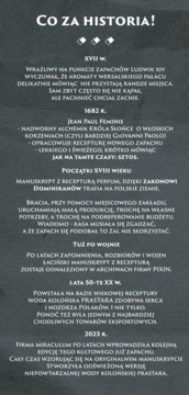 Tekstowa historia wody kolońskiej Prastara na ciemnym tle, z tytułem "CO ZA HISTORIA!" i ikonami diamentów.