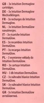 Lista opisów produktu Intuition DermaGlow: 3x wkłady, w wielu językach, czarny tekst na różowym tle.