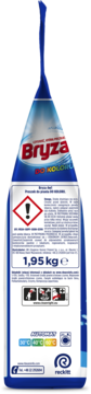 Tył niebiesko-białego opakowania proszku Bryza Color 4w1 (1,95 kg) z ikoną ostrzegawczą i instrukcjami.