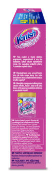 Różowe opakowanie chusteczek Vanish Color Protect, widok z boku z polskimi opisami i wizualizacją produktu.