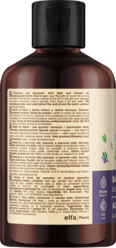 Tył brązowej butelki Green Pharmacy olejek rozmaryn i marokańska mięta. Widoczna etykieta z opisem i ikonami.