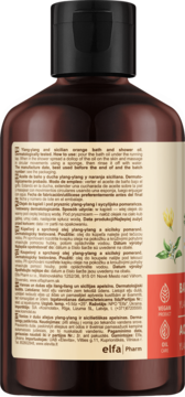 Green Pharmacy olejek do kąpieli ylang-ylang i sycylijska pomarańcza, tył brązowej butelki z ikoną vegan.