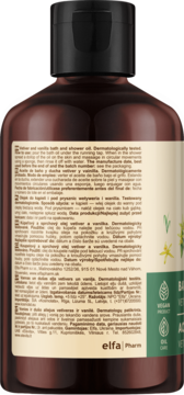 Tył brązowej butelki olejku do kąpieli Green Pharmacy wetyweria i wanilia, etykieta z tekstem, czarna zakrętka.