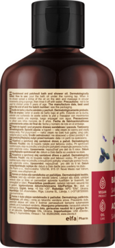 Tył butelki olejku do kąpieli Green Pharmacy drzewo sandałowe i paczuli. Ciemne szkło, beżowa etykieta z opisem i ikonami.