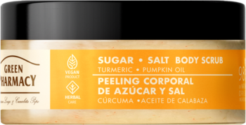 Green Pharmacy Sugar Salt Body Scrub z kurkumą i dynią w żółtym słoiku z czarną pokrywką, widok z przodu.