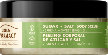 Cylindryczny słoik Green Pharmacy cukrowo-solnego peelingu do ciała, werbena, cytryna, wegański. Widok z przodu.
