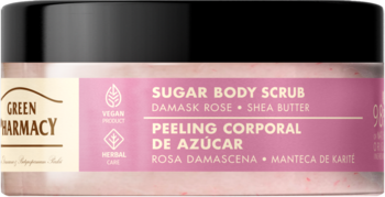 Green Pharmacy Sugar Body Scrub różowy z różą damasceńską i masłem shea w okrągłym słoju z czarną nakrętką.