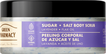 Green Pharmacy cukrowo-solny peeling do ciała z lawendą i olejem lnianym w słoiku, widok z przodu.