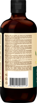 Tył ciemnej butelki żelu Green Pharmacy z zieloną kawą i imbirem. Widoczne opisy, składniki i kod kreskowy na etykiecie.