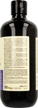 Tył ciemnej butelki żelu Green Pharmacy Lawenda i Len, z etykietą, widoczne dane o pojemności i składzie.