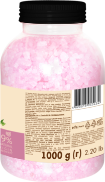 Green Pharmacy Damask Rose sól do kąpieli, różowe kryształki, widok z tyłu butelki z etykietą produktu.