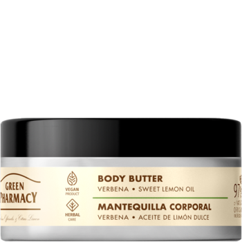 Słoiczek nawilżającego masła do ciała Green Pharmacy z werbeną i olejkiem cytrynowym, widok z przodu.