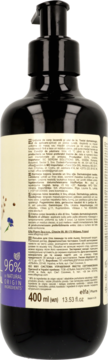 Tył ciemnej butelki balsamu Green Pharmacy z lawendą, 400ml, z etykietą 96% naturalnych składników.