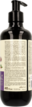 Tył balsamu do ciała Green Pharmacy figa i argan, ciemna butelka 400ml z pompką, widoczne etykiety i składniki.