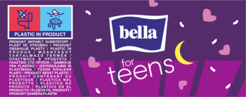 Fioletowe opakowanie podpasek Bella for teens z sercami, żółtym księżycem i napisem "PLASTIC IN PRODUCT".