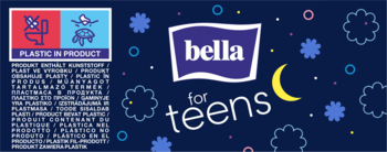 Granatowe opakowanie podpasek Bella for Teens, widok z przodu, z logo, księżycem, gwiazdkami i ikoną plastiku.