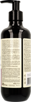 Tył czarnej butelki balsamu Green Pharmacy z pompką, z różą damasceńską, widoczna etykieta 400ml.