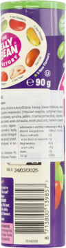 Fioletowe opakowanie kwaśnych żelków The Jelly Bean Factory, widok z boku, z tabelą składników i datą.