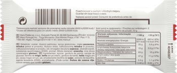 Tył białego opakowania batonika z chrupiącym ciasteczkiem, karmelem i białą czekoladą. Dane odżywcze, skład, kod.