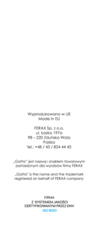 Informacyjna etykieta FERAX i Gatta: dane firmy, adres, telefon, certyfikacja ISO 9001. Widok na tekst.