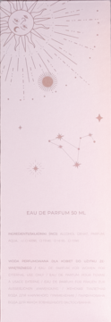 Różowe opakowanie perfum Sunrise by Marcelina Zawadzka 50ml z grafiką słońca i konstelacji, widok z przodu.