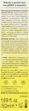 Żółty tył opakowania kremu SPF 50 Everybody Beauty z polskim tekstem o składzie (niacynamid, aloes) i użyciu produktu.