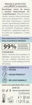 Białe opakowanie serum nawilżającego EveryBODY London 30ml z kwasem hialuronowym i panthenolem, widok przód.
