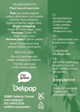 Tył zielonego opakowania podpasek Vuokkoset Plant Based z listą składników i instrukcjami recyklingu.