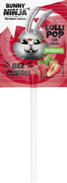Lizak Bunny Ninja truskawkowy bez cukru, widok z przodu opakowania z szarym królikiem w czerwieni.