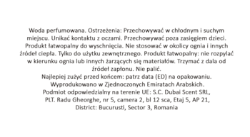 Etykieta wody perfumowanej Lattafa Confidential Platinum Cologne, polskie ostrzeżenia, dane producenta.