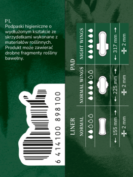 Ciemnozielone opakowanie podpasek Vuokkoset Plant Based, tabela wymiarów (w tym Night Wings 317 mm), polski opis.