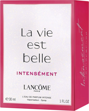 Białe pudełko perfum Lancôme La Vie Est Belle Intensément 30ml, z różowym akcentem, widok z przodu.