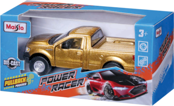Złoty metaliczny zabawkowy samochód Maisto Die-Cast Power Racer typu pickup w przezroczystym pudełku, widok pod kątem.