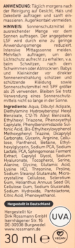 Tył opakowania kremu do opalania z niemieckim opisem, składem, informacjami o firmie i logo UVA oraz Vegan.