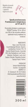Tył opakowania ProVag emulsji 300 ml: biała butelka, instrukcje, skład, pompa, kod kreskowy.